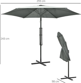 Outsunny Umbrelă cu braț lateral Ø293cm umbrelă de soare cu levier lateral, bază în cruce, protecție la vânt, rezistentă la apă Gri închis | Aosom Romania