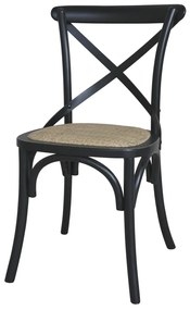 Scaun dining negru din lemn de cauciuc, rattan si rachita, cu aspect vintage, French