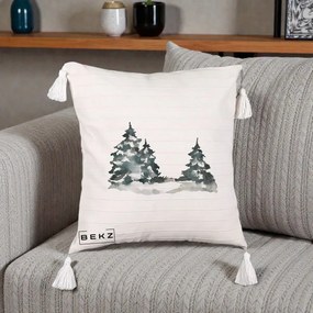 Perna Decorativa Brazi Inzapeziti Acuarela, 40x40 cm, Bej cu Franjuri, Husa Detasabila, Perna Inclusa, BEKZ®