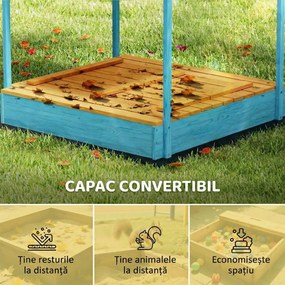AIYAPLAY Lădiță cu Nisip pentru Copii 3-6 Ani cu Acoperiș Dinosauri, Bănci Pliabile, Capac și Husă Incluse, Lădiță de Nisip din Lemn de Brad, 134,5x127,5x130 cm, Albastru | Aosom Romania