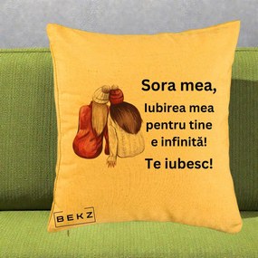 Cadou pentru Sora - Perna Personalizata Sora Mea Te Iubesc Doua Fete Iarna Acuarela, 40x40 cm, Galben, Husa Detasabila, Perna Inclusa, BEKZ®
