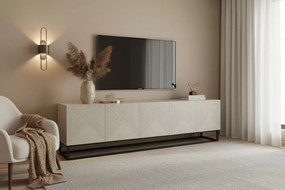 Comodă TV Asha 200 cm cu partea frontală striat și cadru metalic negru – bej cashmere