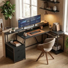 HOMCOM Birou Gaming Reversibil în Formă de L cu LED, Birou Colțar 192,5 cm cu Prize Electrice, Suport Monitor și CPU, 2 Sertare din Material Textil pentru Documente A4/Legal, pentru Acasă sau Birou, Negru | Aosom Romania