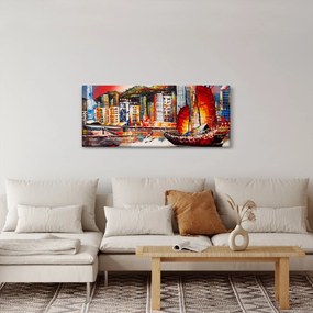 Tablou - Victoria Harbour, Hong Kong, pictură în ulei (120x50 cm)