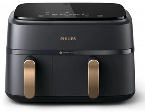 Friteuza cu aer cald dubla Philips NA352/00, 2750 W, 6+3 L, 80-200°C, 1,5 kg, 8 programe, Ecran tactil, Copiere si sincronizare, Negru