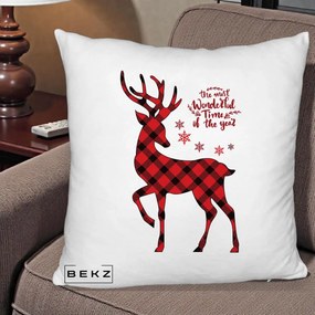 Perna Decorativa Ren Buffalo Plaid Craciun, 40x40 cm, Alb Pufos, Husa Detasabila, Perna Inclusa, BEKZ®