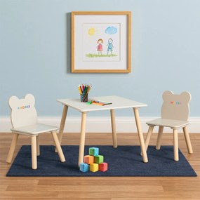 Set Masa si 2 Scaune Suporto pentru Copii din Lemn MDF, Scaun in Forma de Ursulet si Masuta de Scris, Varsta 3-6 Ani, cu Margini Rotunde, Crem