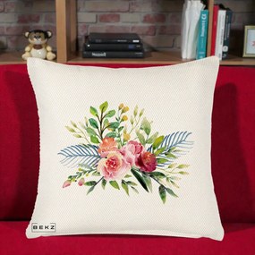 Perna Decorativa Buchet Flori Acuarela Roz-Verde, 40x40 cm, Crem Reliefat, Husa Detasabila, Perna Inclusa, BEKZ®
