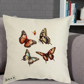Perna Decorativa Colectie Fluturi Multicolori, 40x40 cm, Ecru, Husa Detasabila, Perna Inclusa, BEKZ®