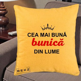 Cadou pentru Bunica - Perna Personalizata Cea Mai Buna Bunica Din Lume Coroana Neagra, 40x40 cm, Galben, Husa Detasabila, Perna Inclusa, BEKZ®