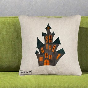 Perna Decorativa Halloween Casa Bantuita Minimalista, 40x40 cm, Bej Canapea, Husa Detasabila, Perna Inclusa, BEKZ®