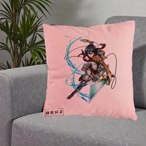 Perna Personalizata Attack on Titan Mikasa Ackerman Lupta, 40x40 cm, Roz, Husa Detasabila, Perna Inclusa, BEKZ®