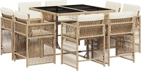 vidaXL Set de masă pentru grădină, 9 piese, cu perne, bej, poliratan