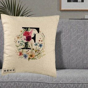 Cadou Personalizat - Perna Personalizata Monogram Litera F cu Flori Acuarela, 40x40 cm, Bej, Husa Detasabila, Perna Inclusa, BEKZ®