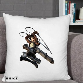 Perna Personalizata Attack on Titan Eren Yeager Lupta, 40x40 cm, Alb Pufos, Husa Detasabila, Perna Inclusa, BEKZ®