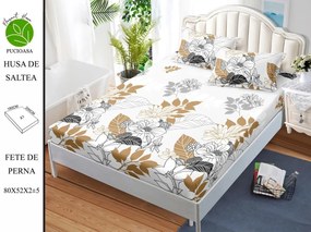 Husa de pat cu elastic 180x200 din Bumbac Finet + 2 Fete de Perna - Alb Cu Flori
