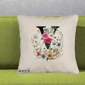Cadou Personalizat - Perna Personalizata Monograma Florala Litera V cu Coroana, 40x40 cm, Bej Canapea, Husa Detasabila, Perna Inclusa, BEKZ®