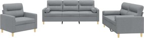 vidaXL Set de canapele cu perne, 3 piese, gri deschis, textil