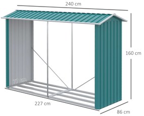 Outsunny Magazie de Depozitare a Buștenilor, Casă pentru Lemne de Foc din Otel Galvanizat cu Podea Înălțată, 240x86x160 cm, Verde | Aosom Romania