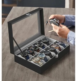Cutie Pentru Ceasuri Cu Capac Din Sticla, Piele Sintetica Neagra, Captuseala Gri, 30.2 Cm