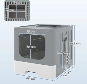 PawHut Litieră pliabilă pentru pisici M cu capac grilaj Tavă detașabilă Lopată Cârlig lateral Ușor de curățat Etanșă Gri | Aosom Romania