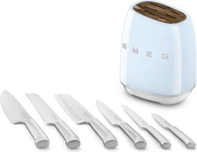 Set de cutite cu suport SMEG KBSF02PB, 7 piese, Manere din lemn de salcam, Otel inoxidabil german, Albastru pastel