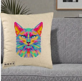 Perna Decorativa Pisica Pop Art Multicolor, 40x40 cm, Bej, Husa Detasabila, Perna Inclusa, BEKZ®