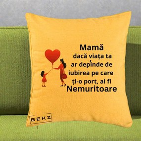 Cadou pentru Mama - Perna Personalizata Mama Nemuritoare cu Bebelus Kawaii, 40x40 cm, Galben, Husa Detasabila, Perna Inclusa, BEKZ®