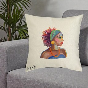 Perna Decorativa Portret Femeie Urbana Acuarela, 40x40 cm, Ecru, Husa Detasabila, Perna Inclusa, BEKZ®