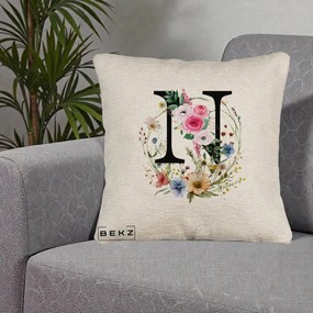 Cadou Personalizat - Perna Personalizata Monogram Litera N cu Flori Acuarela, 40x40 cm, Bej Canapea, Husa Detasabila, Perna Inclusa, BEKZ®