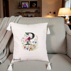 Cadou Personalizat - Perna Personalizata Monogram Litera P cu Flori Acuarela, 40x40 cm, Bej cu Franjuri, Husa Detasabila, Perna Inclusa, BEKZ®