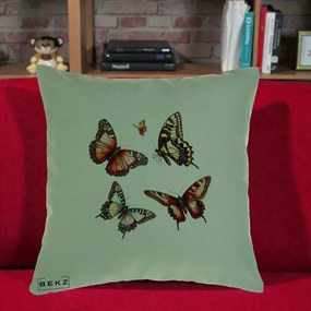 Perna Decorativa Colectie Fluturi Multicolori, 40x40 cm, Verde, Husa Detasabila, Perna Inclusa, BEKZ®