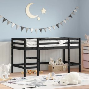 835903 vidaXL Pat etajat de copii cu scară, negru, 90x190 cm, lemn masiv pin