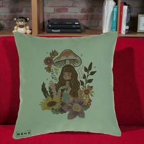 Perna Decorativa Fata Ciuperca Boho Florala, 40x40 cm, Verde, Husa Detasabila, Perna Inclusa, BEKZ®