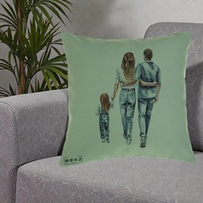 Cadou pentru Familie - Perna Personalizata Familie Acuarela Jeans, 40x40 cm, Verde, Husa Detasabila, Perna Inclusa, BEKZ®