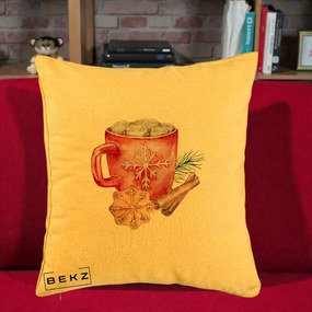 Perna Decorativa Cacao de Iarna cu Biscuit, 40x40 cm, Galben, Husa Detasabila, Perna Inclusa, BEKZ®