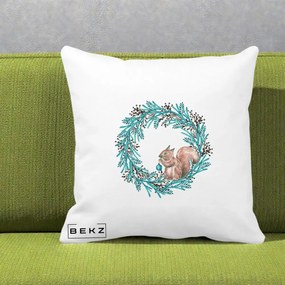 Perna Decorativa Coroana Turcoaz cu Veverita, 40x40 cm, Alba Mata, Husa Detasabila, Perna Inclusa, BEKZ®