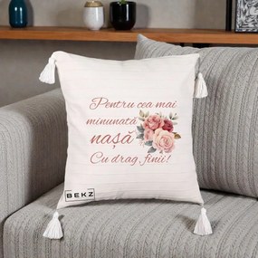 Cadou pentru Nasa - Perna Personalizata Pentru Cea mai Minunata Nasa Cu drag Finii, 40x40 cm, Bej cu Franjuri, Husa Detasabila, Perna Inclusa, BEKZ®