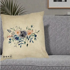 Perna Decorativa Buchet Flori Albastre Acuarela, 40x40 cm, Crem, Husa Detasabila, Perna Inclusa, BEKZ®