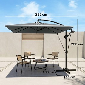 Outsunny Umbrelă Excentrică cu Husă, Corzi Antivânt, Bază în Cruce și Manivelă, 295x250x235 cm, Gri | Aosom Romania