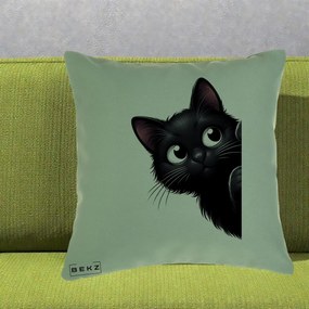Perna Decorativa Pisica Neagra Dragalasa Curioasa, 40x40 cm, Verde, Husa Detasabila, Perna Inclusa, BEKZ®
