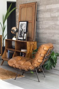Fotoliu lounge din piele naturală top grain cognac cu structură din stejar și metal, „Spinal”