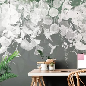 Tapet autoadeziv frunze gri-verzui cu colibri
