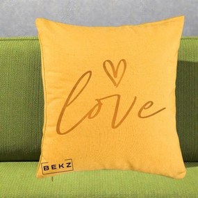 Perna Decorativa Love Caligrafie Aurie, 40x40 cm, Galben, Husa Detasabila, Perna Inclusa, BEKZ®