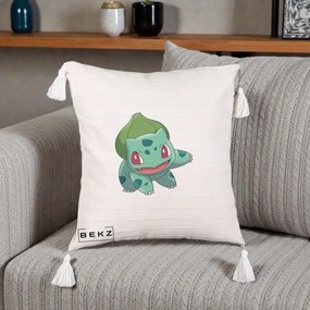 Perna Personalizata Bulbasaur Pokemon, 40x40 cm, Bej cu Franjuri, Husa Detasabila, Perna Inclusa, BEKZ®