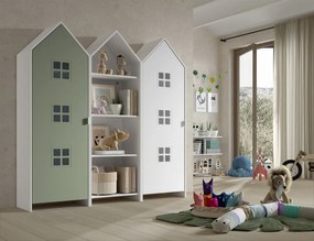 Set 3 dulapuri pentru copii Casami tip colibă de plajă – 1 deschis, 1 cu ușă verde intens și 1 cu ușă albă – Vipack