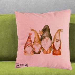 Perna Decorativa Gnomi de Craciun Patru, 40x40 cm, Roz, Husa Detasabila, Perna Inclusa, BEKZ®