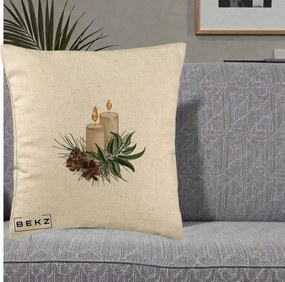 Perna Decorativa Lumanari cu Ilex si Conuri Ilustratie, 40x40 cm, Bej, Husa Detasabila, Perna Inclusa, BEKZ®