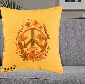 Perna Decorativa Peace Sign Ciuperci Floral, 40x40 cm, Galben, Husa Detasabila, Perna Inclusa, BEKZ®