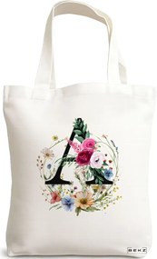 Sacosa de Panza pentru Cumparaturi, Geanta Tote, Cu litera A in Coronita Florala, 38x34.5 cm, Alba, BEKZ®